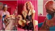 Sweet moment DJ Cuppy's mum surprised singer & her dogs with pink aso oke captured on camera, many react