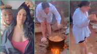 "First time cooking with firewood": Oyinbo woman who married Nigerian man prepares food in village