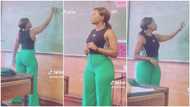 "I won't miss lecture": Curvy lady in green trousers teaches students in class, her shape hooks attention
