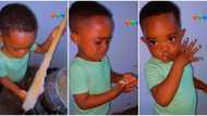 "Stubborn boy": Kid who refused to leave kitchen gets burned by hot fufu, he licks his finger in viral video