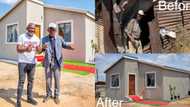 Kind businessman helps old man living in dirty house, builds him modern home, paints it