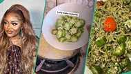 Lady trends online after preparing noodles with okra, video shows unusual cooking process