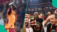 Victor Osimhen reacts after scoring to help Galatasaray win 4th consecutive Turkish title