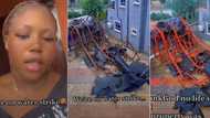 "Wetin bend the iron like that?" Nigerian lady shares video as 'borehole' collapses in her compound