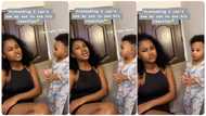 Funny mum pranks little son, shouts his name while he was standing close to her as though he is invisible