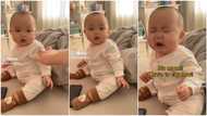 Mischievous mum pushes baby to get kid's reaction, she looks at her hard & cries in cute video