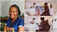 Young lady uses pure water sachets to make portrait of Ooni of Ife, presents it to the king in his palace