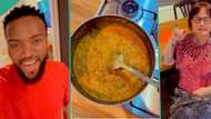 "She tried": White lady married to Nigerian man cooks porridge beans for him, husband reacts