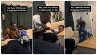"Na him ex for former life": Funny son grabs father's shirt until he removes it, he looks surprised
