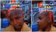 "No need to visit the barber": Nigerians react as lady loses hair after dyeing it for birthday