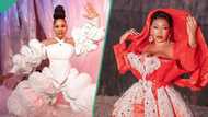 Toyin Lawani makes dress with about 100 fried chickens, gets fans talking: "You are too artistic"