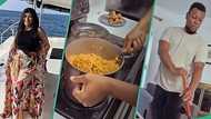 Nigerian woman hails husband for performing house chores, video shows him cooking and mopping