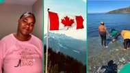 Nigerian lady in Canada who went fishing shows amount of fish she got for free, mentions location
