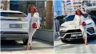 BBNaija's Mercy takes over Dubai, poses with Lamborghini in stylish all-white outfit (photos)