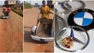 Man transforms his wheelbarrow with Benz parts like grill and side mirror, video of him with the cart surfaces
