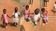 "He caught her with another guy": Little boy frowns face while escorting girl to her house in video
