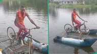 "It's actually working": Talented Bayelsa man builds bicycle that rides on water, uses it on river
