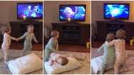 Smart kids: Two babies use a pillow as they recreate scenes from popular cartoon Frozen showing on TV in video