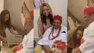 Jackie Appiah kneels before Pete Edochie as they meet in Nigeria, photo melts hearts