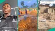 Nigerian man builds house, uses parapet design, labourers mix cement and sand
