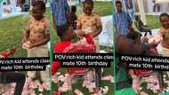 "I for don go house": Reactions as rich kid makes cash rain at classmate's 10th birthday party