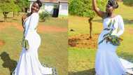 Bride shows off beautiful wedding dress her talented mum sewed for her; see what she did with ankara (photos)