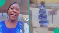 Lady in disbelief after seeing woman with same dress, hairstyle and colour of slippers as hers