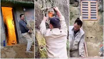 Man digs large hole in high mountain, converts it into beautiful cave house, sweet video of mansion goes viral