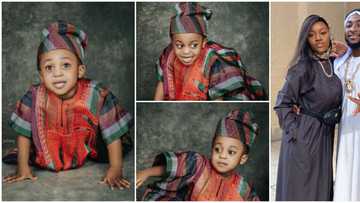 Davido's son Ifeanyi rocks 'aso oke', prostrates like a charming Yoruba prince in adorable birthday photos