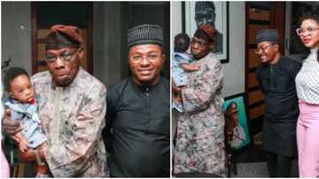 Is the baby his grandchild? Too much resemblance: Fans ask as actor Sam Ajibola and family visit Obasanjo