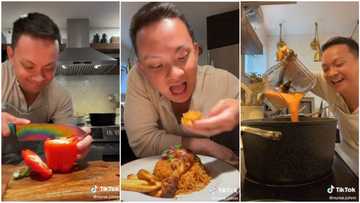 "I'm sorry": Oyinbo man cooks jollof rice & fries plantain, wows Nigerians with the food