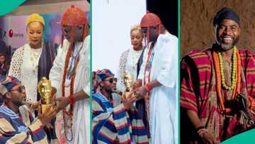 Historical moment as Ooni of Ife presents award to Ibrahim Chatta in Lagos, actor kneels in video