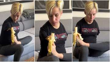 "You are so amazing & sweet": Lady who has small hands uses her legs to peel and eat banana, video goes viral