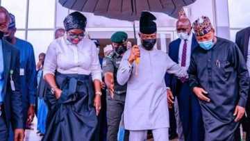 Picture shows Osinbajo holding umbrella to cover himself, 2 others during rain; Nigerians say he's humble