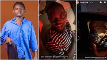 Skit maker Erekere 'Pastor Pikin' buys new Mercedes Benz, friends hail him as he sits proudly in it