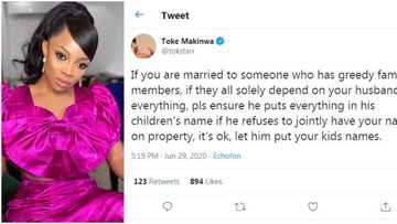 If you’re married to a man with greedy in-laws, put the properties in your children’s names - Toke Makinwa