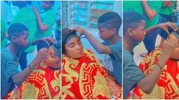 Talented young boy who works as make up artist lines the eyebrows of a grown lady, video goes viral