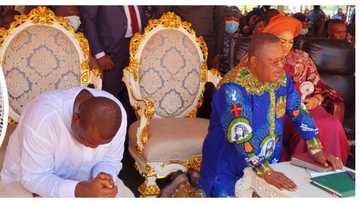 Photos emerge as Nigerian governors kneel in serious prayer while Father Mbaka prays