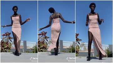 Very tall lady with smooth black skin dances in viral video, height wows many people