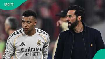 Kylian Mbappe reacts after being labeled Real Madrid's fourth striker against Real Oviedo