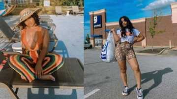 Young creative lady transforms cheap curtains into stylish dresses that look expensive