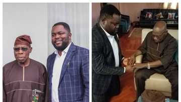 Hoto Ya Bayyana: Wani Ɗan Takarar Shugaban Ƙasa Ya Duƙa Har Kasa Gaban Obasanjo Yana Masa Addu'a