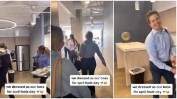 Video shows sweet moment workers dressed exactly like their boss to the office on April Fool's Day
