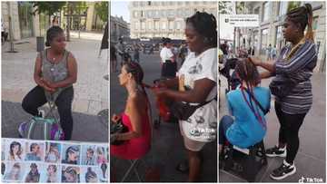 Beautiful lady works as professional hairdresser abroad, plaits oyinbo's hair into braids in video