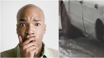 Wetin eye no go see? Massive reactions as Toyota Camry with 3 tyres plies bad road, video goes viral
