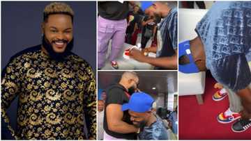 BBNaija's Whitemoney goes home barefoot as he gifts die-hard fan his shoes at event, Nigerians react