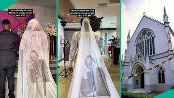 Bride walks down aisle with late mother's photo engraved on her wedding veil, video stirs emotions