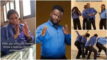 "Oga Sabinus don get branch": Lady & her friends organise birthday party, wear blue suits & tie like comedian