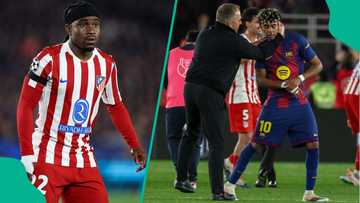 Ademola Lookman reacts after Atletico Madrid beat Barcelona in Champions League