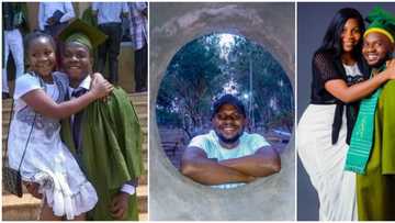 Man carries his sister on one arm as he recreates matric photo in celebration of his university graduation